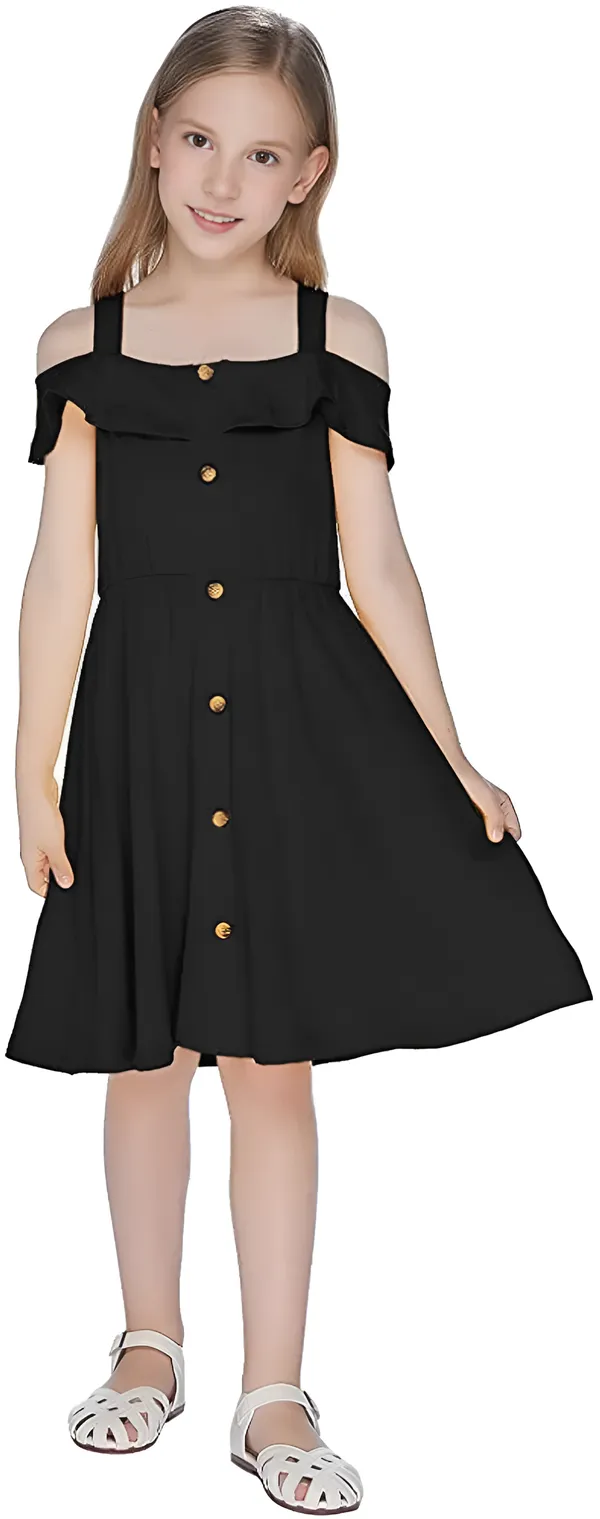 Black_Rayon_Blend_Solid_Square_Neck_Dress_For_Girls