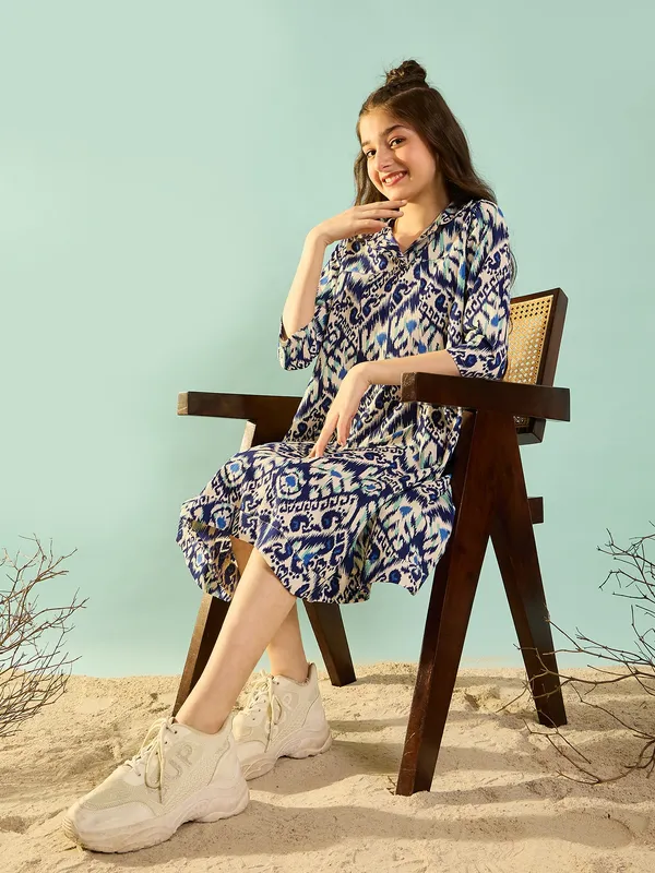 Girls_Printed_Empire_Knee_Length_Dress_|_Blue