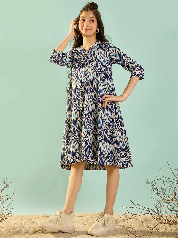Girls_Printed_Empire_Knee_Length_Dress_|_Blue