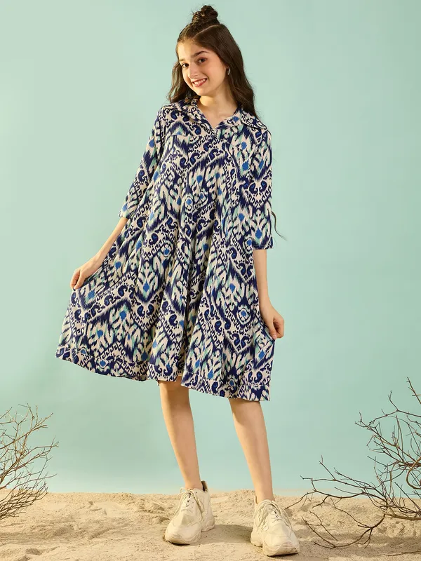 Girls_Printed_Empire_Knee_Length_Dress_|_Blue