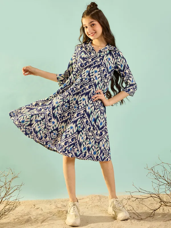 Girls_Printed_Empire_Knee_Length_Dress_|_Blue