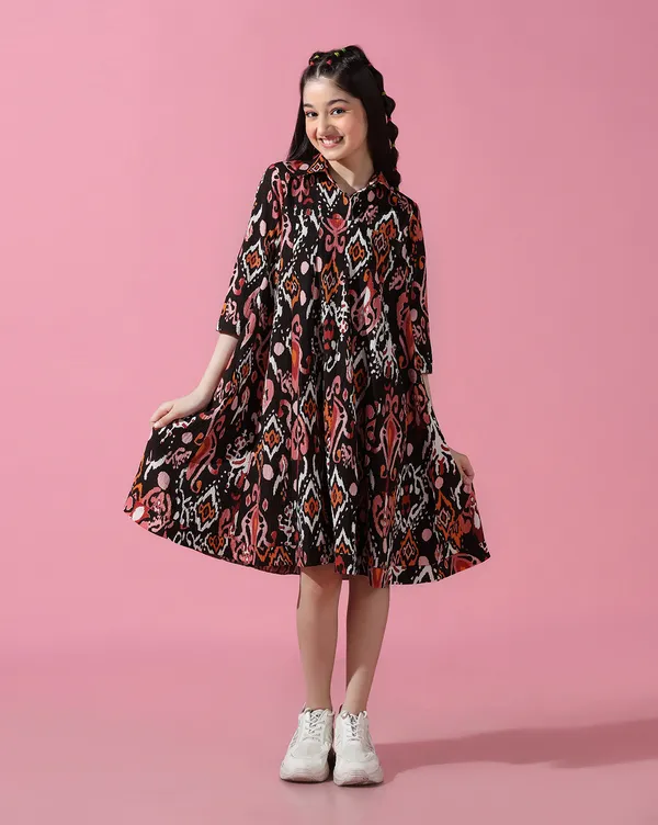 Girls_Printed_Empire_Knee_Length_Dress_|_Black