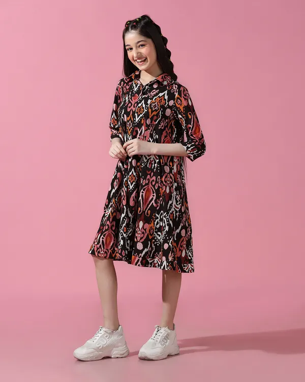 Girls_Printed_Empire_Knee_Length_Dress_|_Black