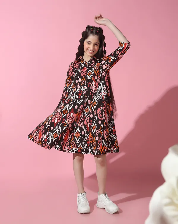 Girls_Printed_Empire_Knee_Length_Dress_|_Black