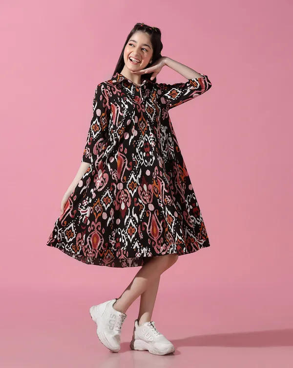 Girls_Printed_Empire_Knee_Length_Dress_|_Black