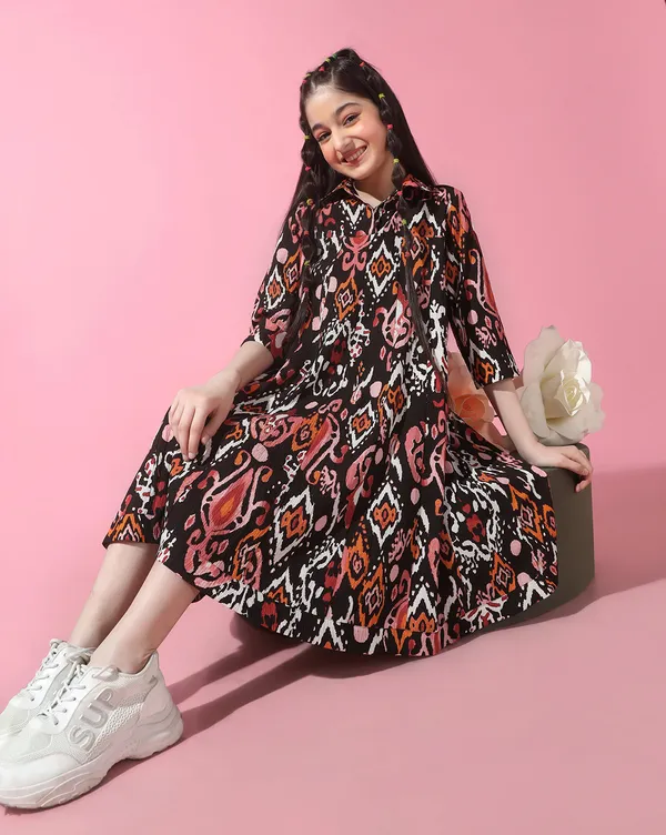 Girls_Printed_Empire_Knee_Length_Dress_|_Black
