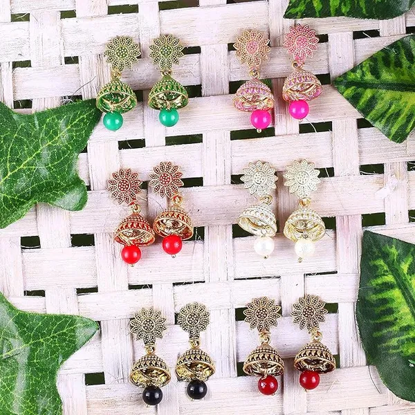 Jhumka_Earrings_For_Women_Girls_Ladies_Earrings_Combo_Set_Valentine_Gift_Traditional_Wedding_Gold_Meenakari_Ethnic_Antique_South_Indian_Round_Small_Pearl_Moti_Jhumkas_Feather_Peacock_Jhumki
