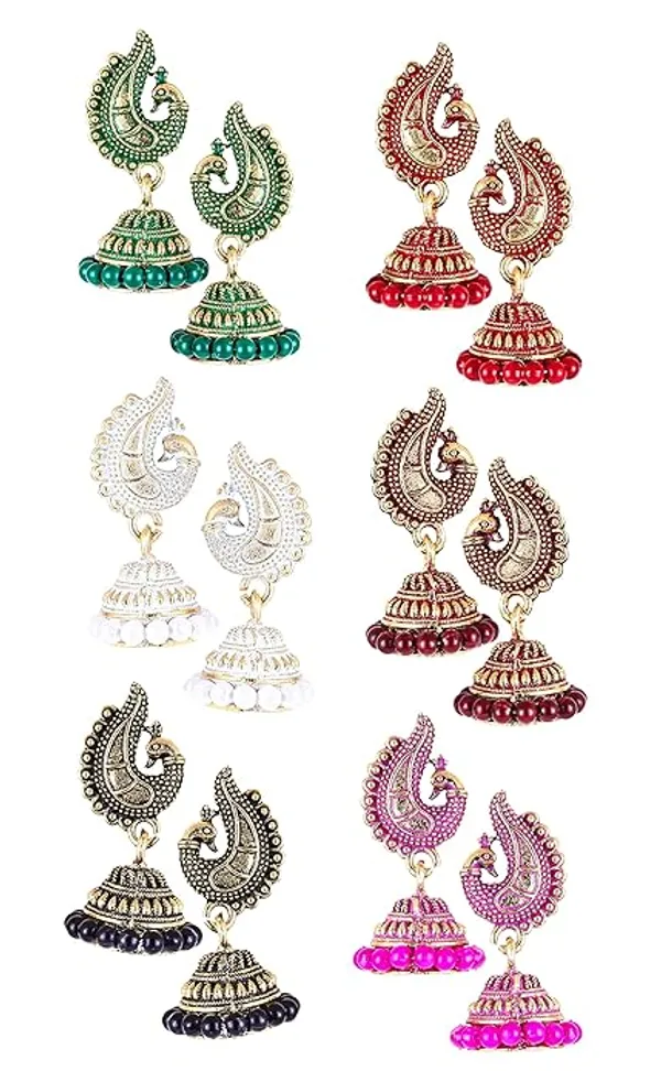 Jhumkas_Jhumka_jhumki_Earrings_Combo_set_Ear_rings_For_Women_girls_Ladies_Traditional_Wedding_Temple_Gold_Meenakari_Ethnic_Antique_South_Indian_Round_Pearl_Moti_Feather_jhumki_combo_M05