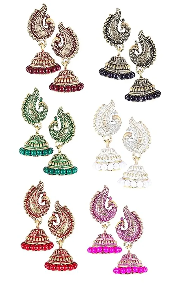 Jhumkas_Jhumka_jhumki_Earrings_Combo_set_Ear_rings_For_Women_girls_Ladies_Traditional_Wedding_Temple_Gold_Meenakari_Ethnic_Antique_South_Indian_Round_Pearl_Moti_Feather_jhumki_combo_M05