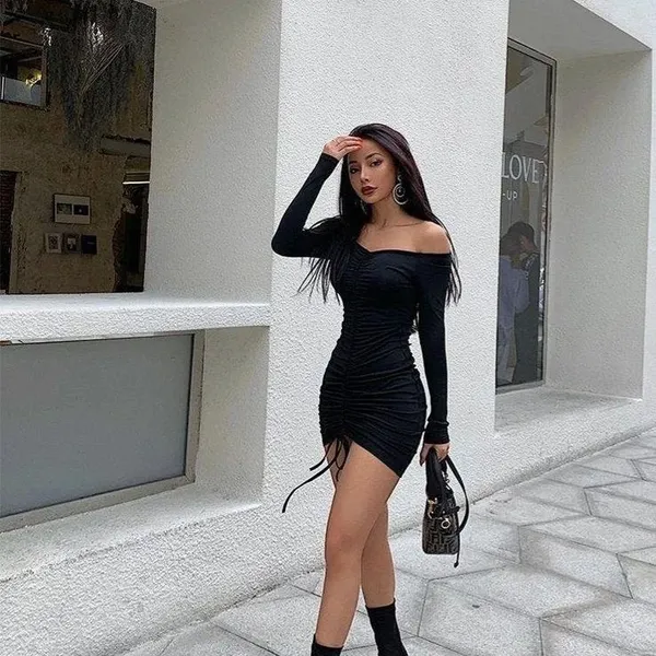 Premium_Roar_Black_Bodycon_Drawstrings_Western_Dress