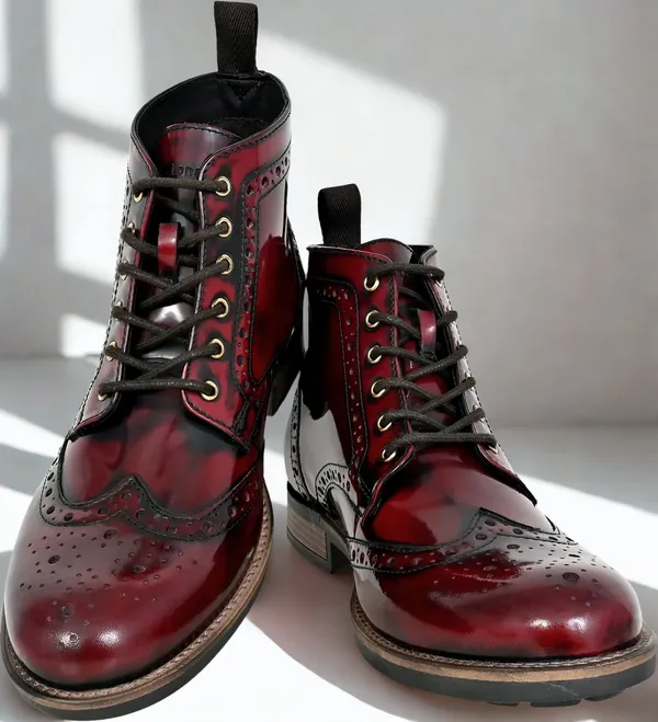 Burgundy_Genuine_Leather_Men's_brogue_lace-up_boots_for_Casual_Wear