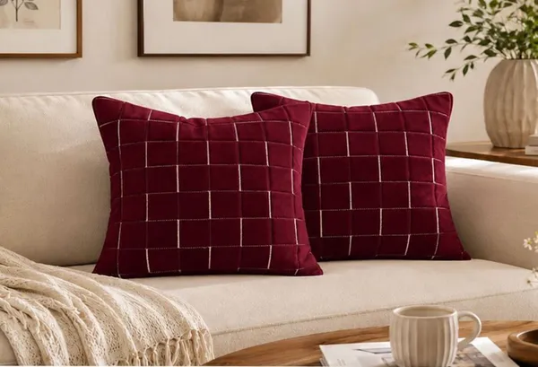 Designer_Velvet_Throw_Pillow_Cover_with_Modern_Windowpane_Pattern_Decorative_Cushion_Cover_for_Living_Room,_Pack_of_2_Pieces_|_Design-N_18Box_|_12x12_Inch._Maroon_Color
