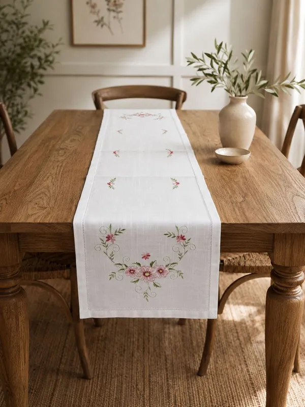 MONKDECOR_Embroidered_Floral_Table_Runner_for_Dining_Table,_Premium_Fabric_Decorative_Table_Runner_with_Elegant_Flower_Embroidery_for_Home,_Kitchen,_Dining_Room_&_Festive_Decor_|15x70_Inches,_Pink_Flower
