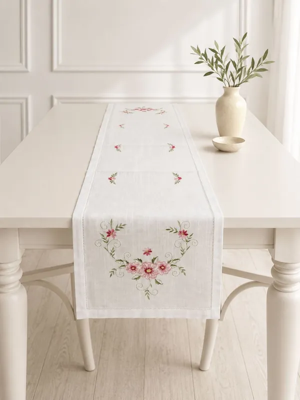 MONKDECOR_Embroidered_Floral_Table_Runner_for_Dining_Table,_Premium_Fabric_Decorative_Table_Runner_with_Elegant_Flower_Embroidery_for_Home,_Kitchen,_Dining_Room_&_Festive_Decor_|15x70_Inches,_Pink_Flower