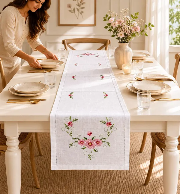 MONKDECOR_Embroidered_Floral_Table_Runner_for_Dining_Table,_Premium_Fabric_Decorative_Table_Runner_with_Elegant_Flower_Embroidery_for_Home,_Kitchen,_Dining_Room_&_Festive_Decor_|15x70_Inches,_Pink_Flower