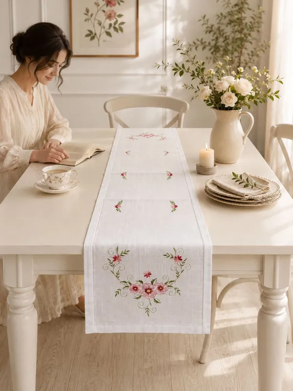 MONKDECOR_Embroidered_Floral_Table_Runner_for_Dining_Table,_Premium_Fabric_Decorative_Table_Runner_with_Elegant_Flower_Embroidery_for_Home,_Kitchen,_Dining_Room_&_Festive_Decor_|15x70_Inches,_Pink_Flower