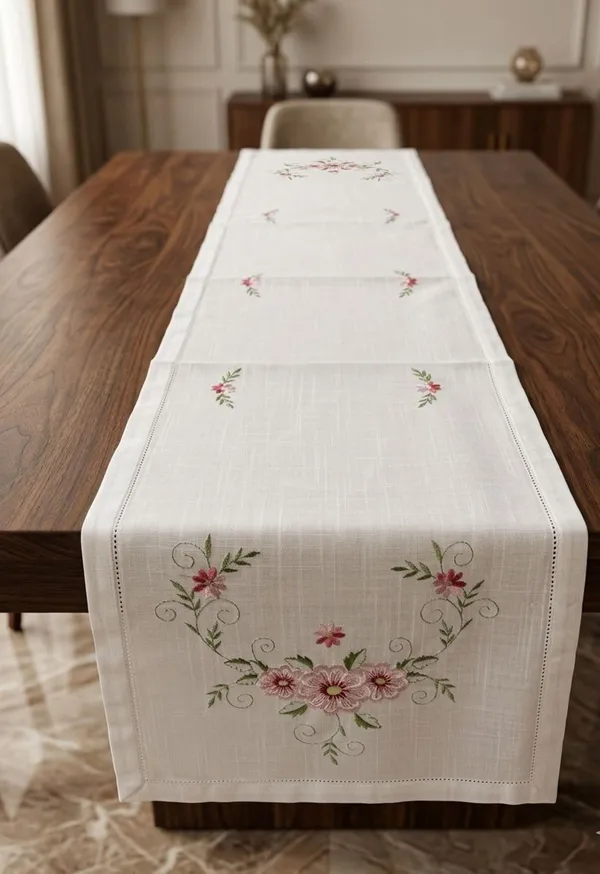 MONKDECOR_Embroidered_Floral_Table_Runner_for_Dining_Table,_Premium_Fabric_Decorative_Table_Runner_with_Elegant_Flower_Embroidery_for_Home,_Kitchen,_Dining_Room_&_Festive_Decor_|15x70_Inches,_Pink_Flower