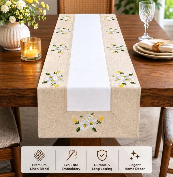 MONKDECOR_Embroidered_Floral_Table_Runner_for_Dining_Table,_Premium_Fabric_Decorative_Table_Runner_with_Elegant_Flower_Embroidery_for_Home,_Kitchen,_Dining_Room_&_Festive_Decor_|15x70_Inches,_Yellow_Flower