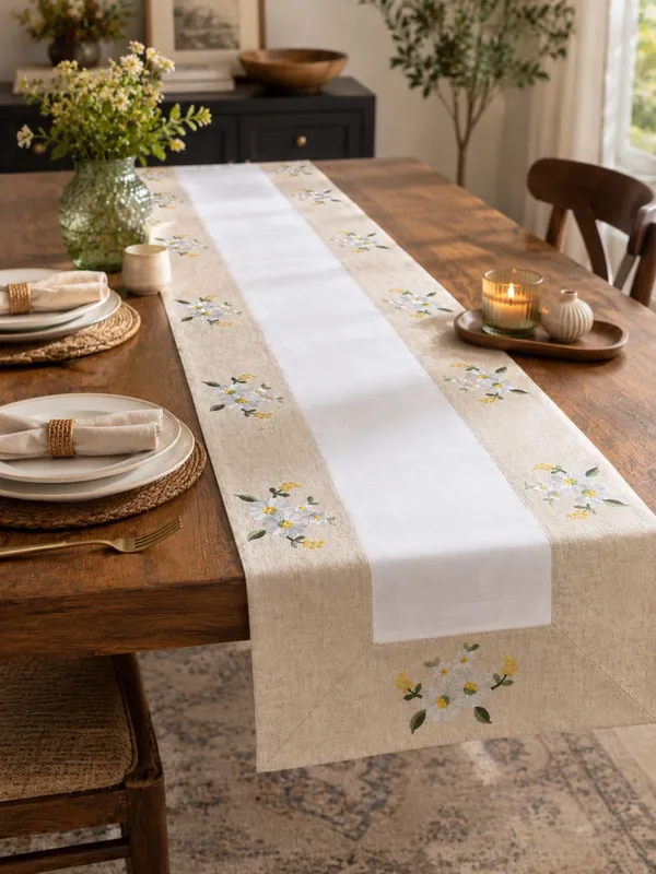 MONKDECOR_Embroidered_Floral_Table_Runner_for_Dining_Table,_Premium_Fabric_Decorative_Table_Runner_with_Elegant_Flower_Embroidery_for_Home,_Kitchen,_Dining_Room_&_Festive_Decor_|15x70_Inches,_Yellow_Flower