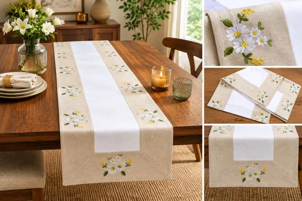MONKDECOR_Embroidered_Floral_Table_Runner_for_Dining_Table,_Premium_Fabric_Decorative_Table_Runner_with_Elegant_Flower_Embroidery_for_Home,_Kitchen,_Dining_Room_&_Festive_Decor_|15x70_Inches,_Yellow_Flower