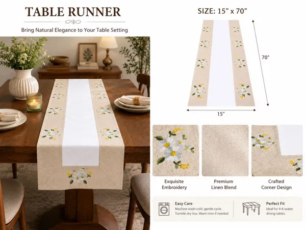 MONKDECOR_Embroidered_Floral_Table_Runner_for_Dining_Table,_Premium_Fabric_Decorative_Table_Runner_with_Elegant_Flower_Embroidery_for_Home,_Kitchen,_Dining_Room_&_Festive_Decor_|15x70_Inches,_Yellow_Flower