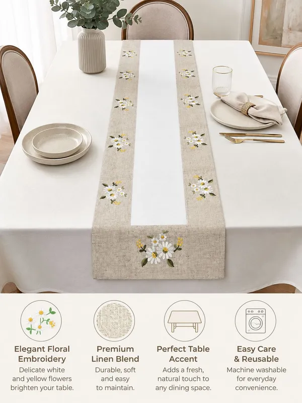 MONKDECOR_Embroidered_Floral_Table_Runner_for_Dining_Table,_Premium_Fabric_Decorative_Table_Runner_with_Elegant_Flower_Embroidery_for_Home,_Kitchen,_Dining_Room_&_Festive_Decor_|15x70_Inches,_Yellow_Flower