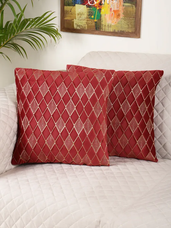 Modern_Diamond_Shaped_Golden_Thread_Embroidery_Design_Velvet_Cushion_Covers,_Pack_of_2_Piece_(12x12_inch.)_Maroon_Color