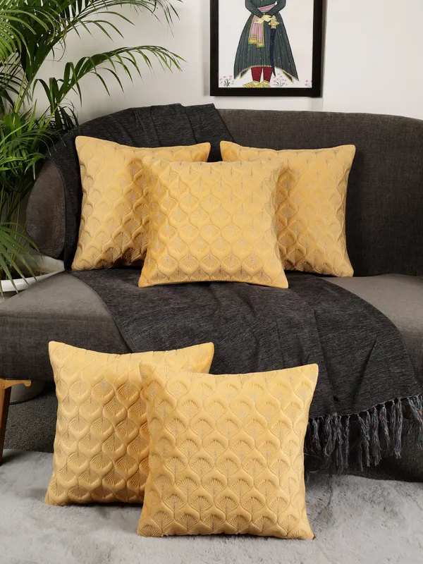 Elegant_Feather_Design_Velvet_Cushion_Covers,_Pack_of_5_Piece_(12x12_inch.)_Yellow_Color