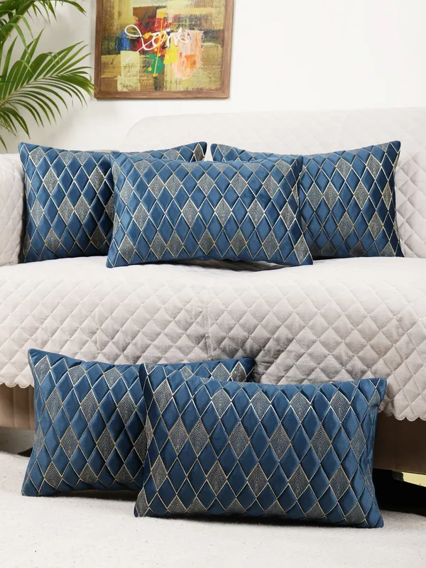 Modern_Diamond_Shaped_Golden_Thread_Embroidery_Design_Rectangular_Velvet_Cushion_Covers,_Pack_of_5_Piece_(12x18_inch.)_Blue_Color