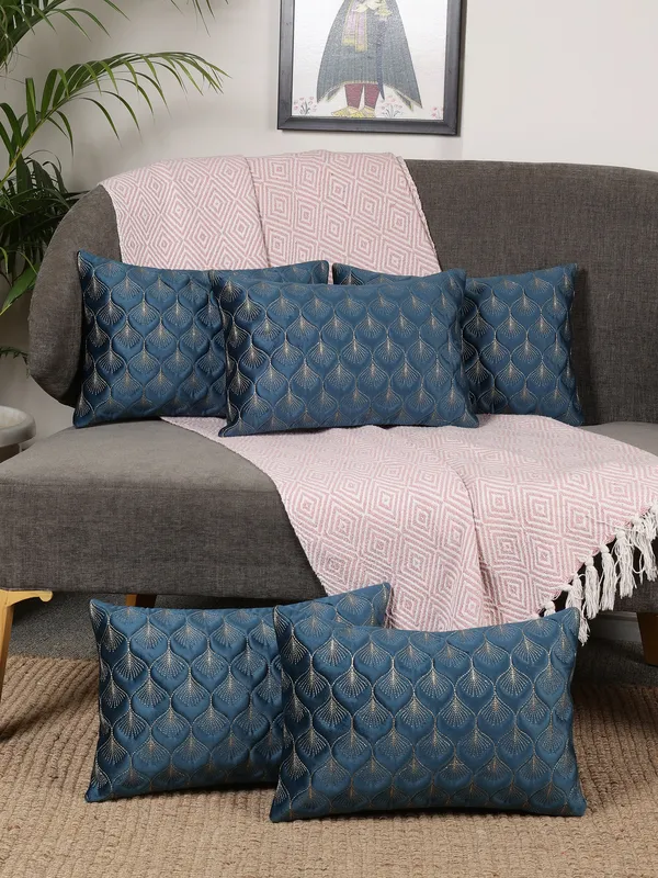 Elegant_Feather_Design_Rectangular_Velvet_Cushion_Covers,_Pack_of_5_Piece_(12x18_inch.)_Blue_Color