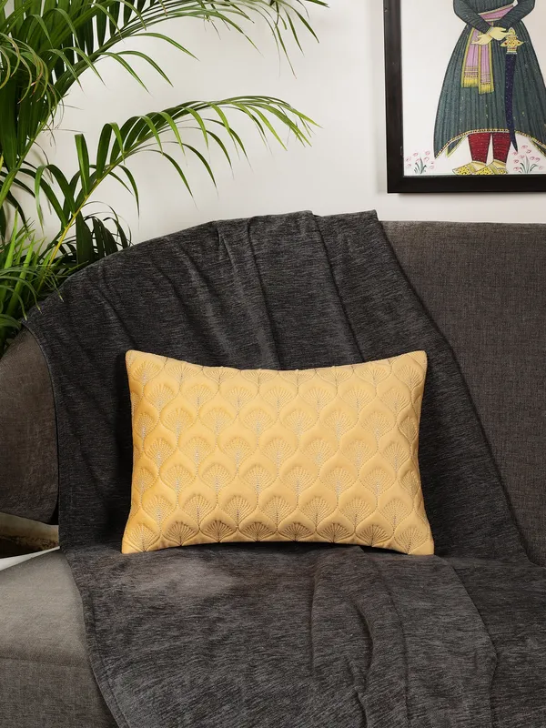 Elegant_Feather_Design_Rectangular_Velvet_Cushion_Covers,_Pack_of_1_Piece_(12x18_inch.)_Yellow_Color