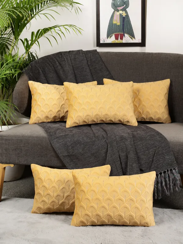 Elegant_Feather_Design_Rectangular_Velvet_Cushion_Covers,_Pack_of_5_Piece_(12x18_inch.)_Yellow_Color