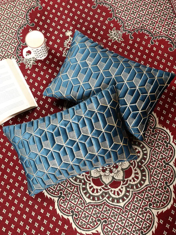 Attractive_Hexa_Design_Rectangular_Velvet_Cushion_Covers,_Pack_of_2_Piece_(12x18_inch.)_Blue_Color