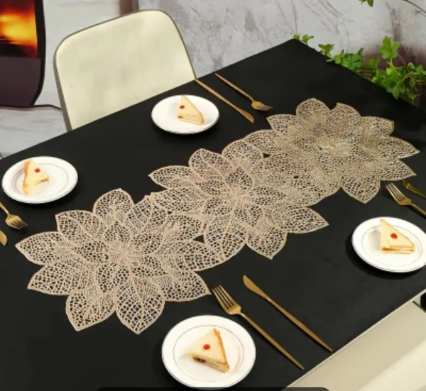 Decorative_Rexine_Cutwork_Flower_Design_Center/Coffee/Dining_Table_Runner_(Size-33"_x_12"_Inches),_Golden_Color