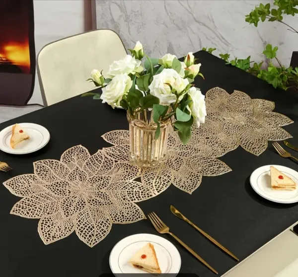 Decorative_Rexine_Cutwork_Flower_Design_Center/Coffee/Dining_Table_Runner_(Size-33"_x_12"_Inches),_Golden_Color
