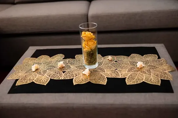 Decorative_Rexine_Cutwork_Flower_Design_Center/Coffee/Dining_Table_Runner_(Size-33"_x_12"_Inches),_Golden_Color