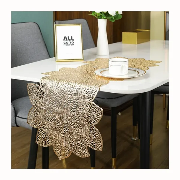 Decorative_Rexine_Cutwork_Flower_Design_Center/Coffee/Dining_Table_Runner_(Size-33"_x_12"_Inches),_Golden_Color