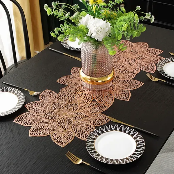 Decorative_Rexine_Cutwork_Flower_Design_Center/Coffee/Dining_Table_Runner_(Size-33"_x_12"_Inches),_Rose_Gold_Color