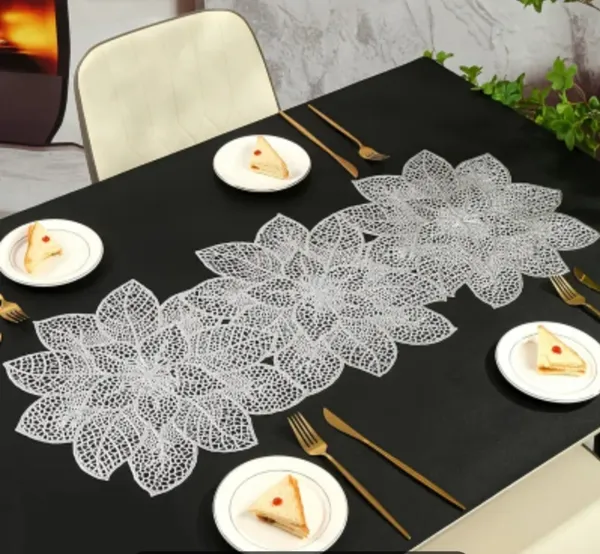 Decorative_Rexine_Cutwork_Flower_Design_Center/Coffee/Dining_Table_Runner_(Size-33"_x_12"_Inches),_Silver_Color
