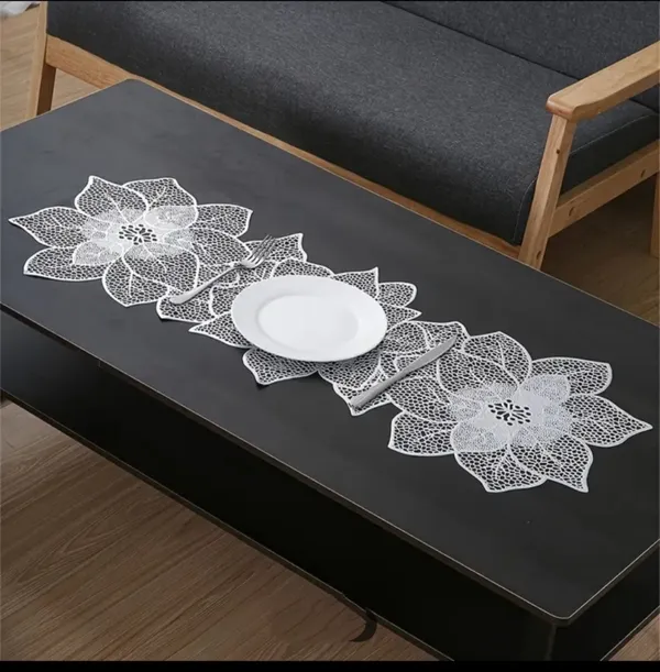 Decorative_Rexine_Cutwork_Flower_Design_Center/Coffee/Dining_Table_Runner_(Size-33"_x_12"_Inches),_Silver_Color