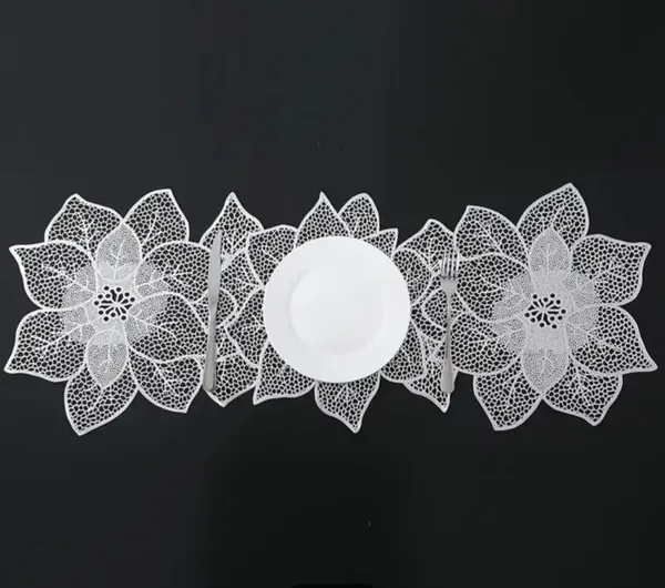 Decorative_Rexine_Cutwork_Flower_Design_Center/Coffee/Dining_Table_Runner_(Size-33"_x_12"_Inches),_Silver_Color