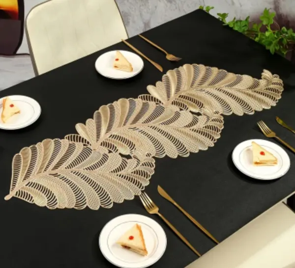 Decorative_Rexine_Cutwork_Leaf_Design_Center/Coffee/Dining_Table_Runner_(Size-33"_x_12"_Inches),_Golden_Color