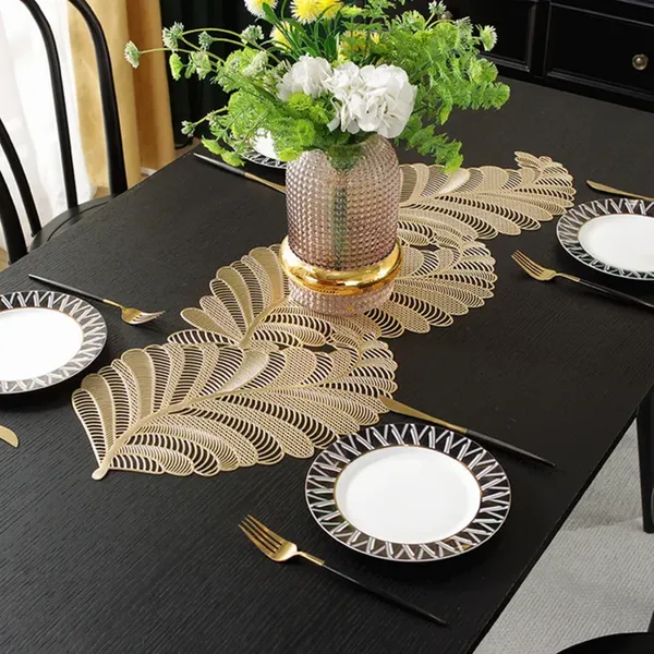 Decorative_Rexine_Cutwork_Leaf_Design_Center/Coffee/Dining_Table_Runner_(Size-33"_x_12"_Inches),_Golden_Color