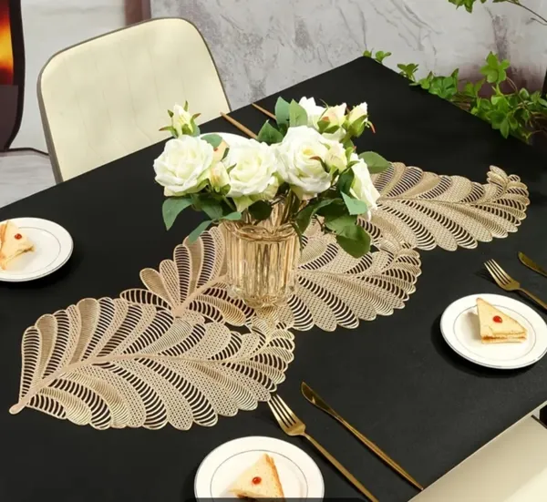 Decorative_Rexine_Cutwork_Leaf_Design_Center/Coffee/Dining_Table_Runner_(Size-33"_x_12"_Inches),_Golden_Color