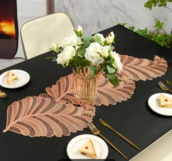 Decorative_Rexine_Cutwork_Leaf_Design_Center/Coffee/Dining_Table_Runner_(Size-33"_x_12"_Inches),_Rose_Gold_Color