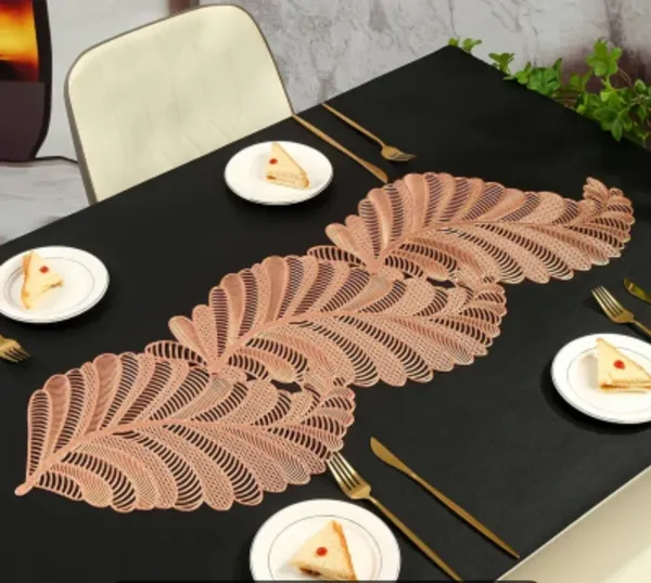 Decorative_Rexine_Cutwork_Leaf_Design_Center/Coffee/Dining_Table_Runner_(Size-33"_x_12"_Inches),_Rose_Gold_Color
