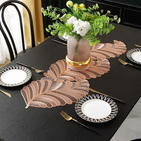 Decorative_Rexine_Cutwork_Leaf_Design_Center/Coffee/Dining_Table_Runner_(Size-33"_x_12"_Inches),_Rose_Gold_Color