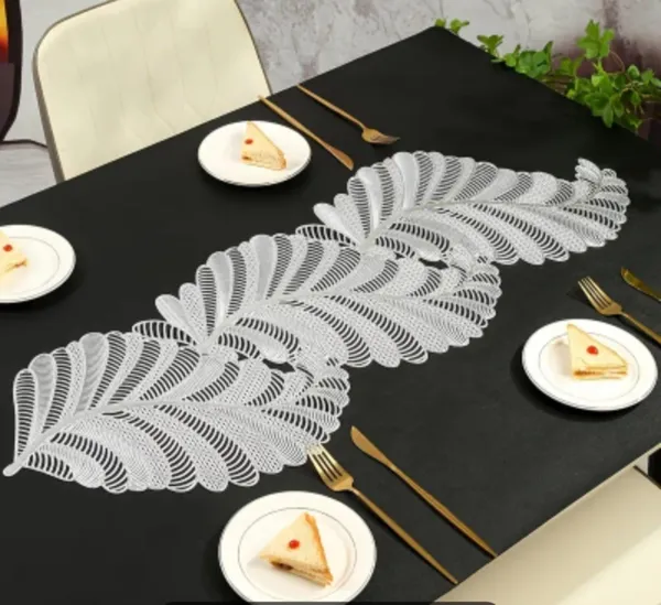 Decorative_Rexine_Cutwork_Leaf_Design_Center/Coffee/Dining_Table_Runner_(Size-33"_x_12"_Inches),_Silver_Color