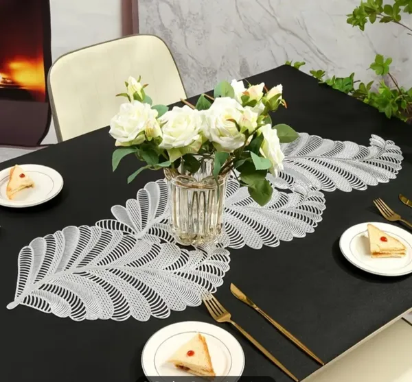 Decorative_Rexine_Cutwork_Leaf_Design_Center/Coffee/Dining_Table_Runner_(Size-33"_x_12"_Inches),_Silver_Color