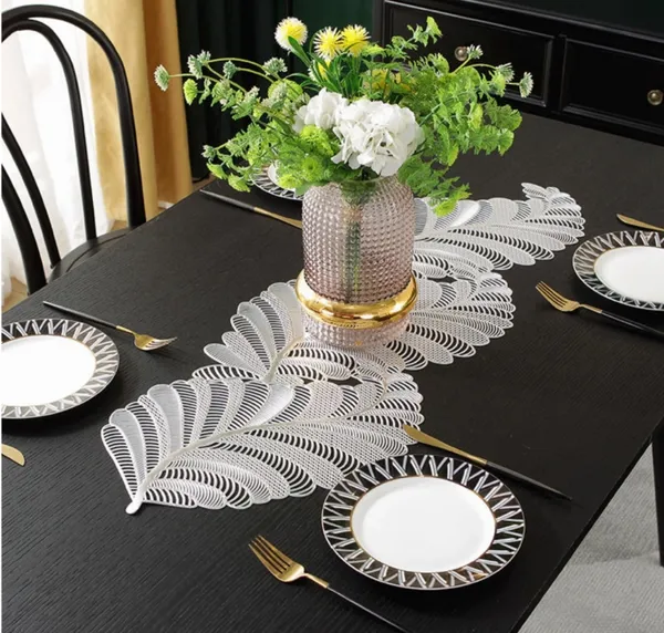 Decorative_Rexine_Cutwork_Leaf_Design_Center/Coffee/Dining_Table_Runner_(Size-33"_x_12"_Inches),_Silver_Color